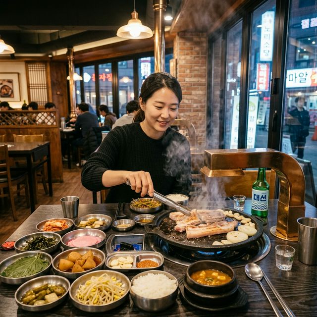 釜山の焼肉店で韓国焼肉を楽しむソロトラベラーの様子