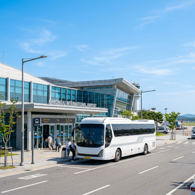 韓国・清州空港の前に停まるモダンなリムジンバスと青空