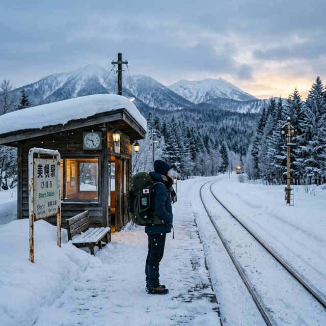雪の積もるローカル線の駅で列車を待つ旅行者
