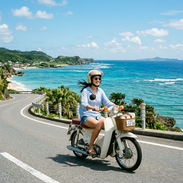 美しい沖縄の海沿いを原付スクーターで走る女性